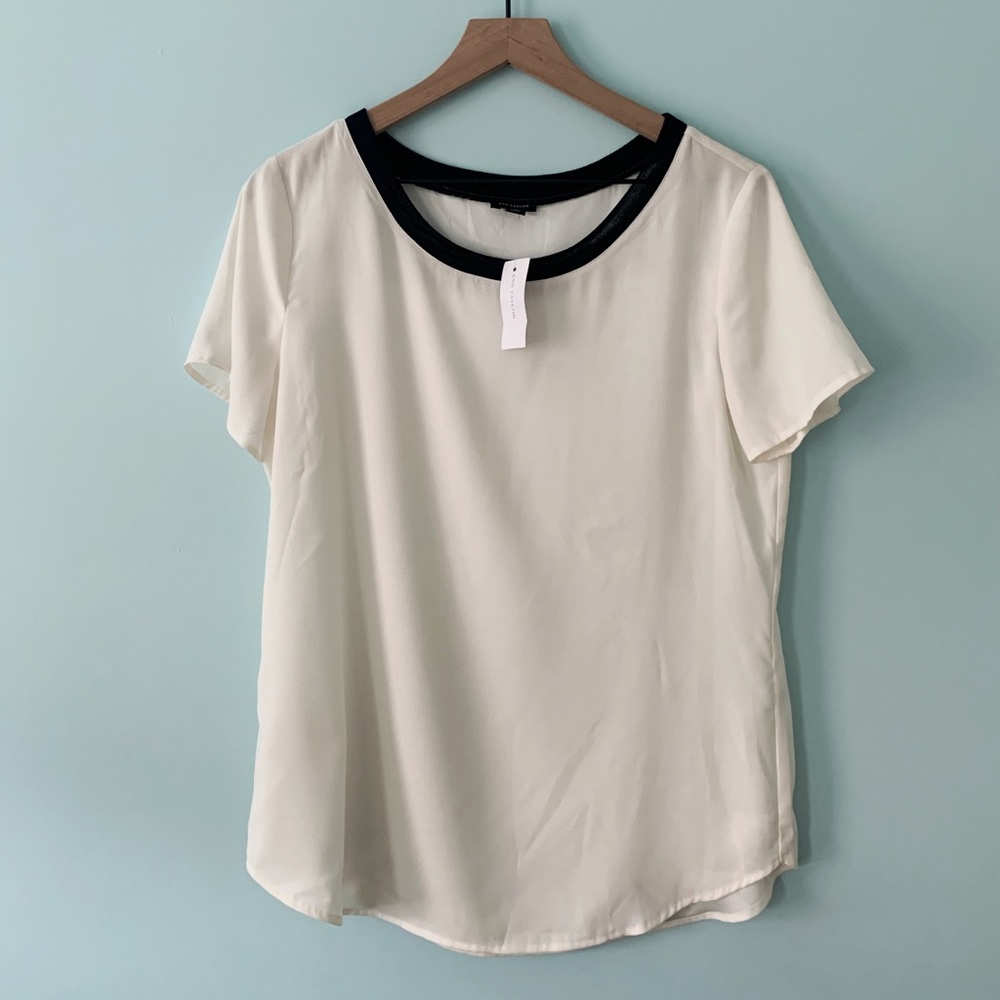 Ann Taylor Cream Blouse with Black Trim